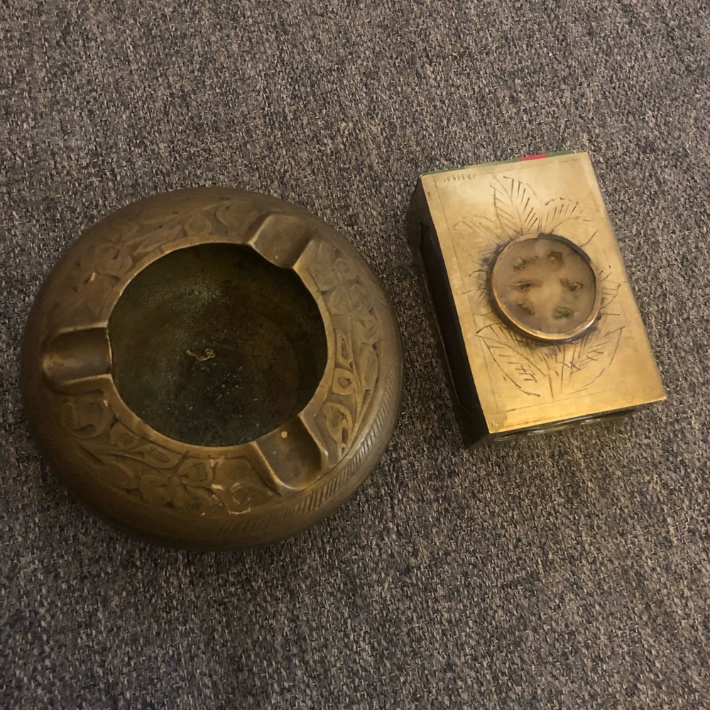 VTG Brass Ashtray and Matchbox Holder Ashtray 3” in Diameter Matchbox 2.5x1.5”